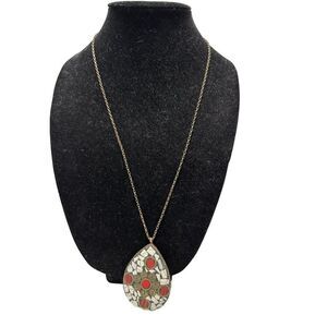 ZAD Stone Chip Mosaic Teardrop Statement Necklace Red Jasper 26” Long